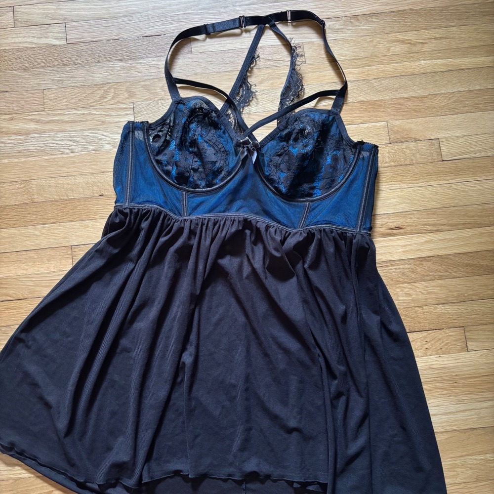 Torrid Black Mesh Blue Lace Lattice Underwire Babydoll Lingerie sz 1 Whimsigoth